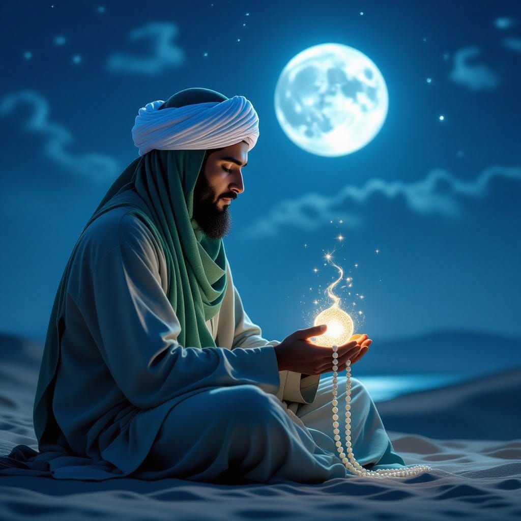 Muslim Man in Green Jilbab Under Moonlight with Glowing Pray...