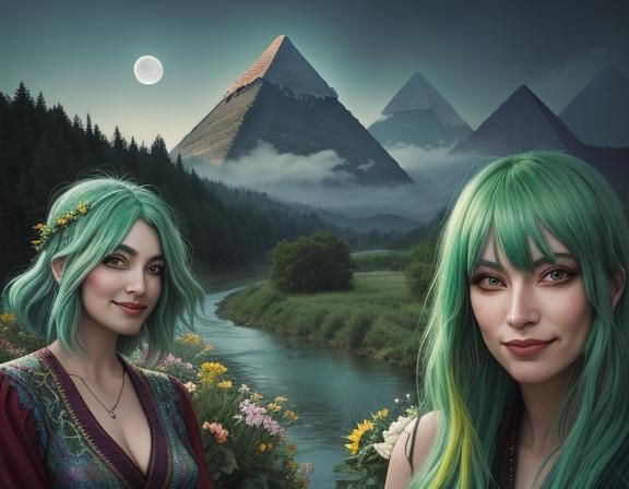 Woman with Green Hair in Surreal Landscape