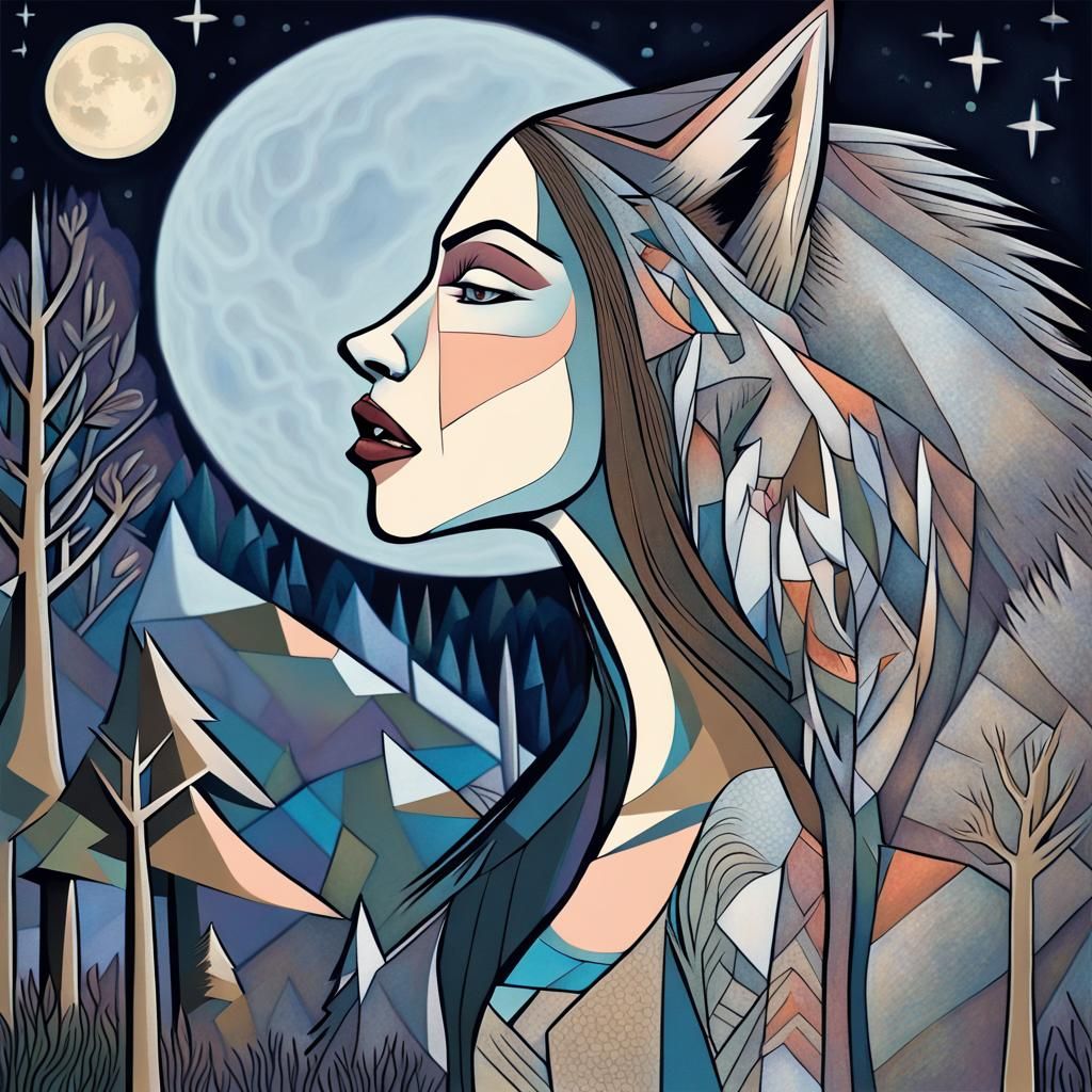 Beautiful Werewolf Girl Howling at Moon in Cubist Style