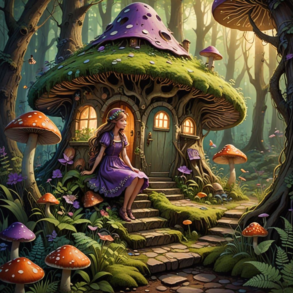 Whimsical Fantasy Scene with a Lady and Mushroom House