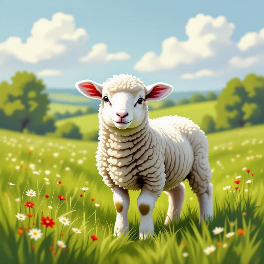 Anxious Lamb in Meadow, Whimsical Art Style