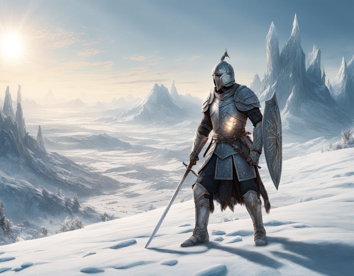 Ethereal Winter Knights in Majestic Fantasy Castle