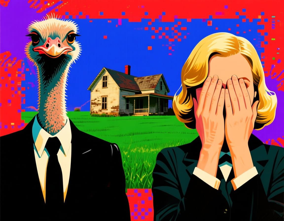 Ostrich in Suit Meets Mysterious Woman in Farmhouse Collage