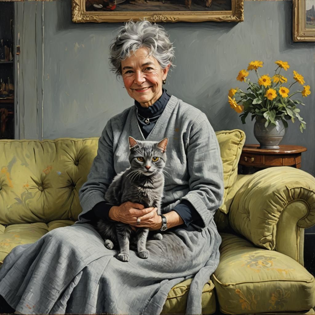 Elderly Woman and Her Grey Cat, Oil Painting