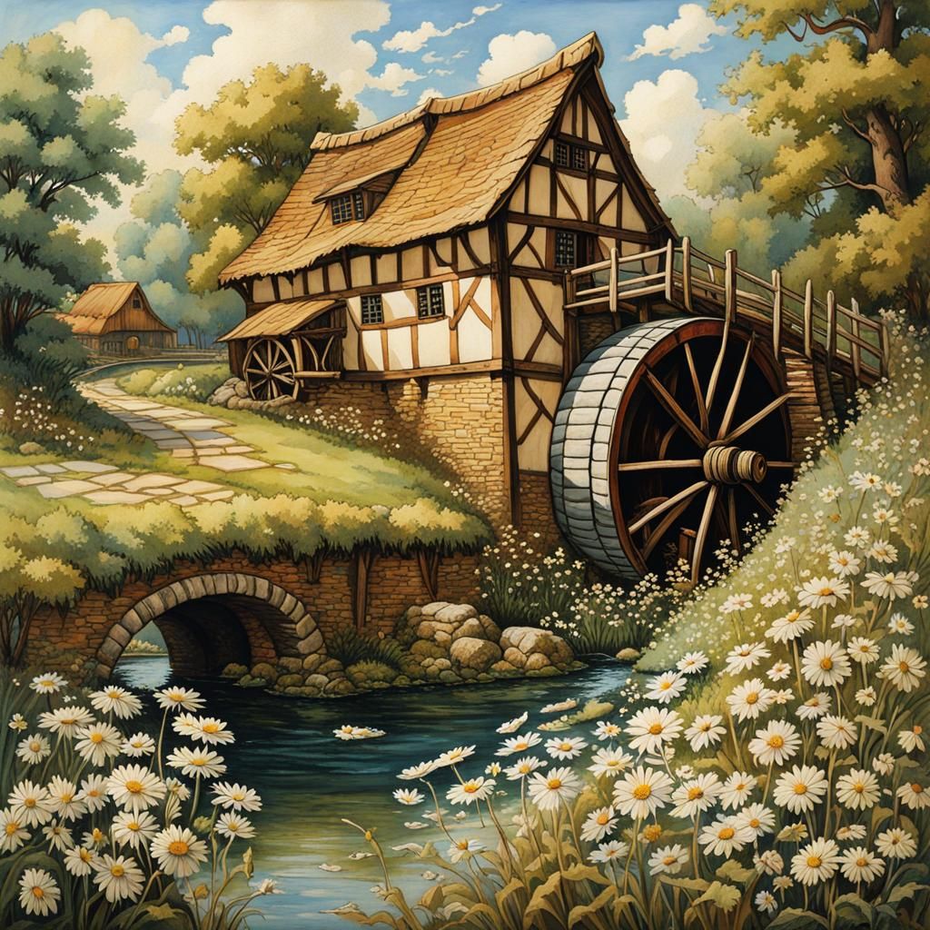 Charming Medieval Watermill in Rackham Style