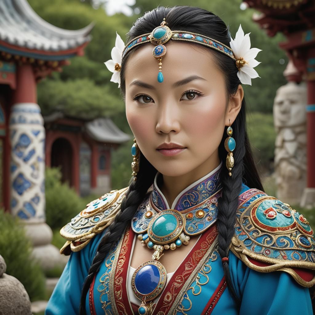 Mongolian-Inuit Woman in Gaudi-esque Temple Garden