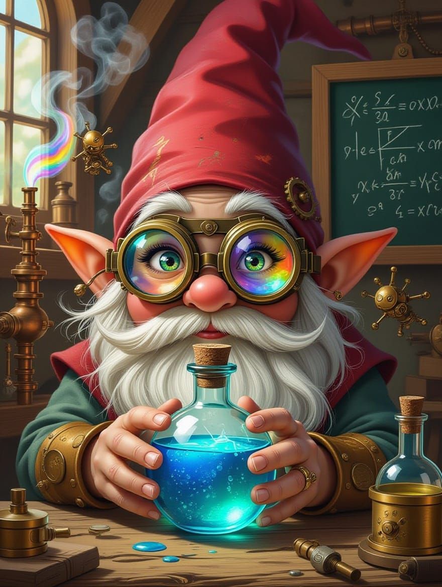 Surreal Hyperrealistic Portrait of a Gnome Alchemist in a Wh...