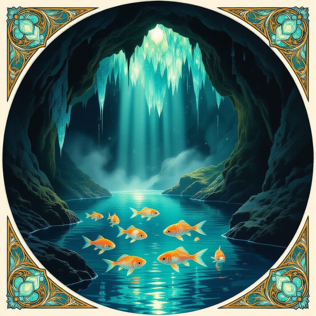 Bioluminescent Grotto with Crystalline Light and Blind Fish