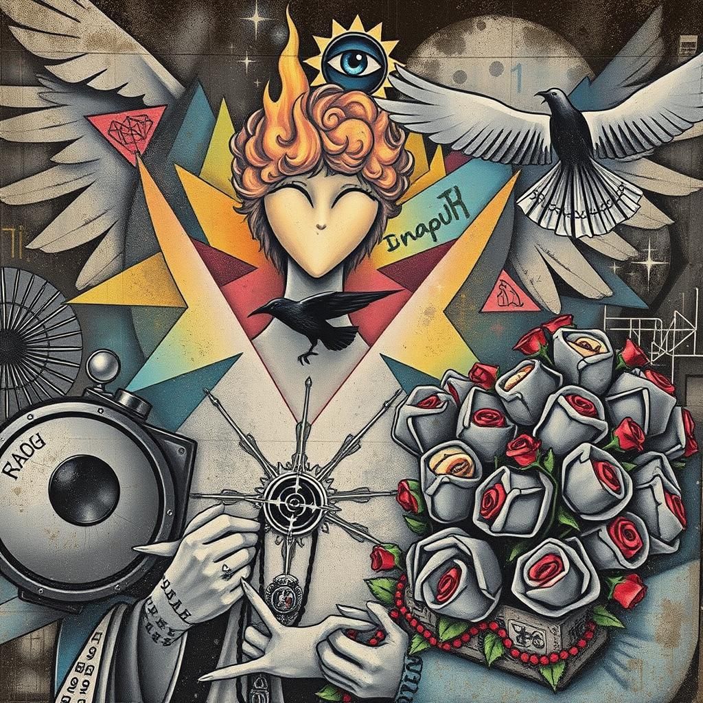 An artist creates  a Street art  graffiti mural Punk Faith, ...