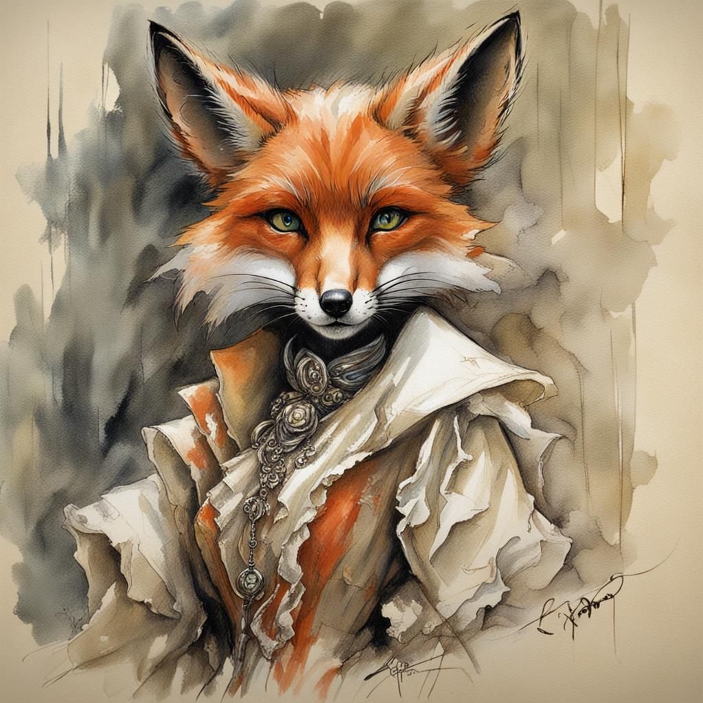 Fox Woman in Style of Fantasy Watercolor Art