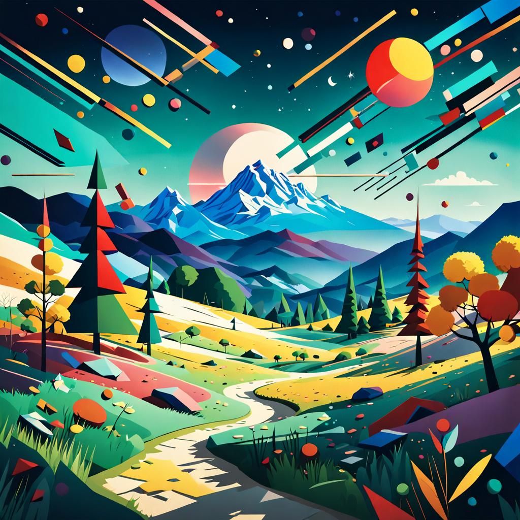 Geometric Trees and Mountains in Anime Style