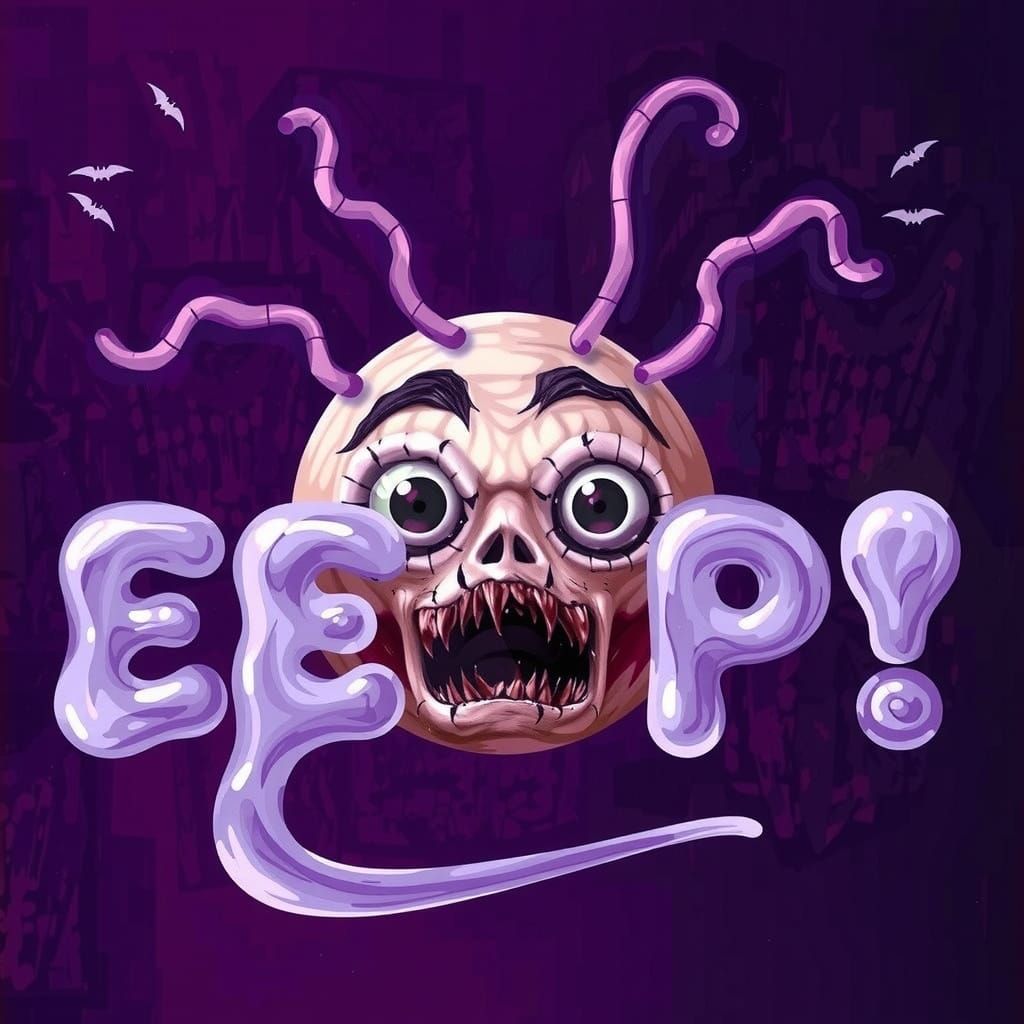 The word “EEEP!” in bold, pastel purple liquid font, where each letter appears to be made of water, with flowing shapes ...
