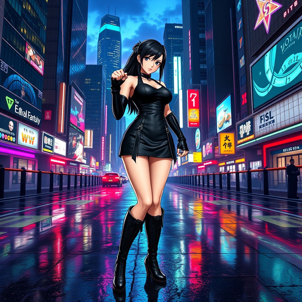 Tifa Lockhart in Cyberpunk Cityscape, Digital Rendering