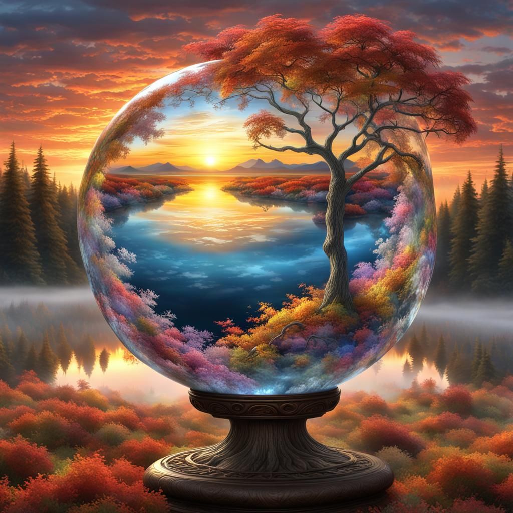 Frosted Crystal Orb with Autumn Tree at Sunrise