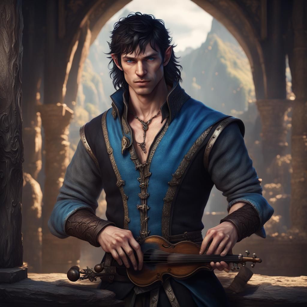 Handsome Half-Elf Bard with Lyre: Detailed Fantasy Art