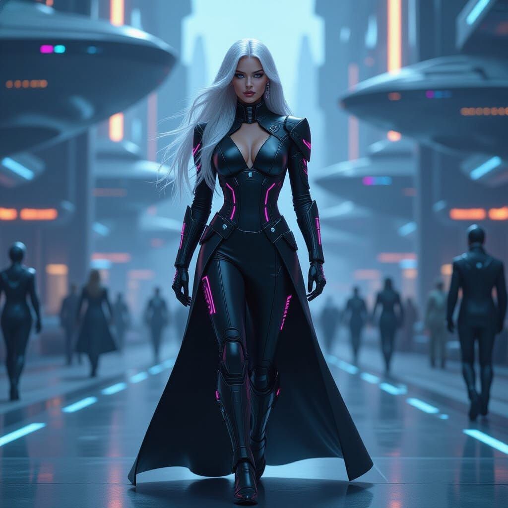 Futuristic Woman in Spaceport, Cyberpunk Style