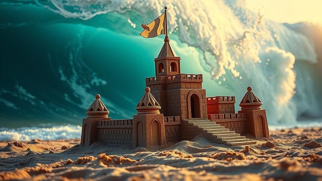Impending Wave Engulfs Intricate Sandcastle: Hyperrealistic ...