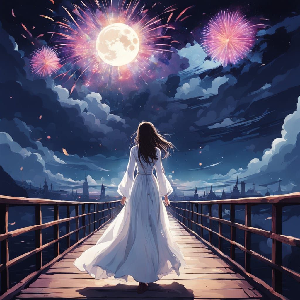 Determined Girl on a Fracturing Bridge at Night