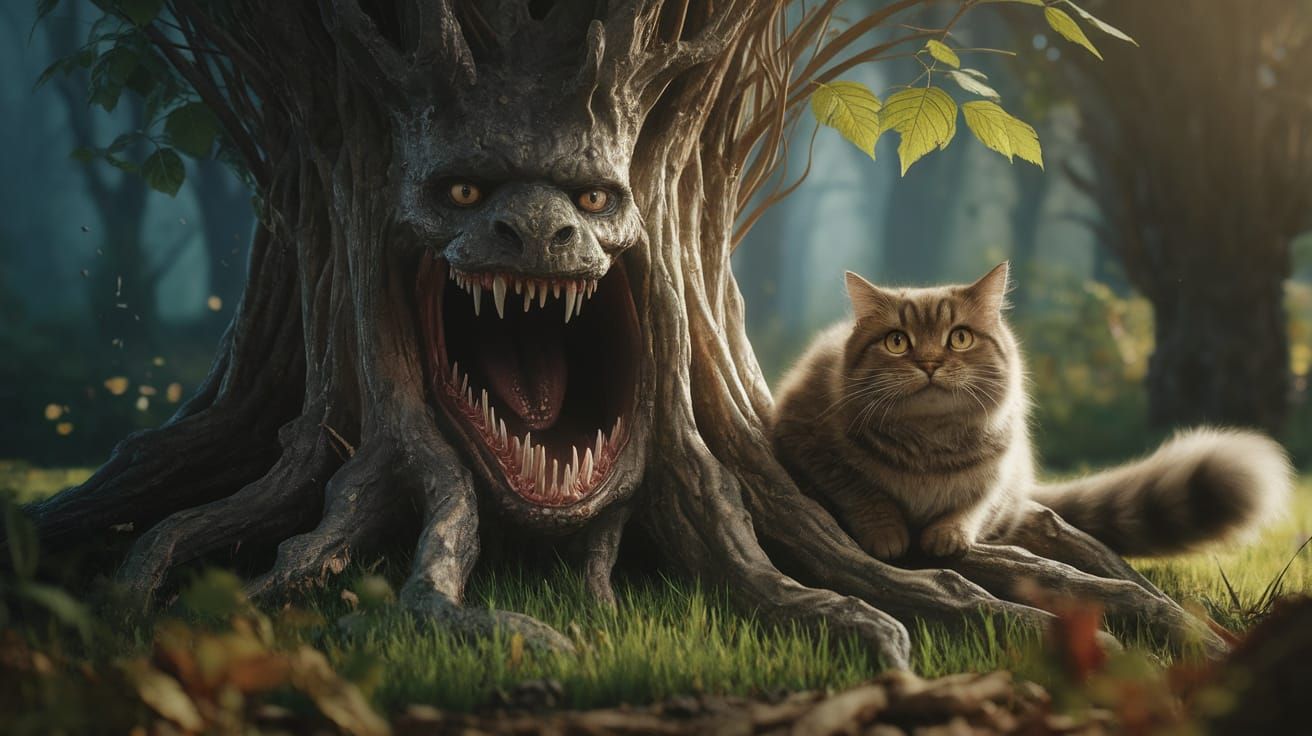Magical Carnivorous Tree Traps Curious Cat in Enchanted Fore...