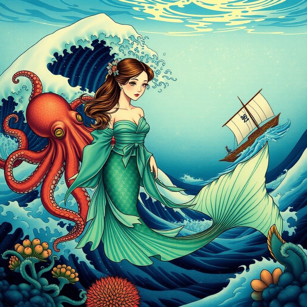 Mermaid's Underwater Dance: A Japanese Ukiyo-e Inspired Scen...