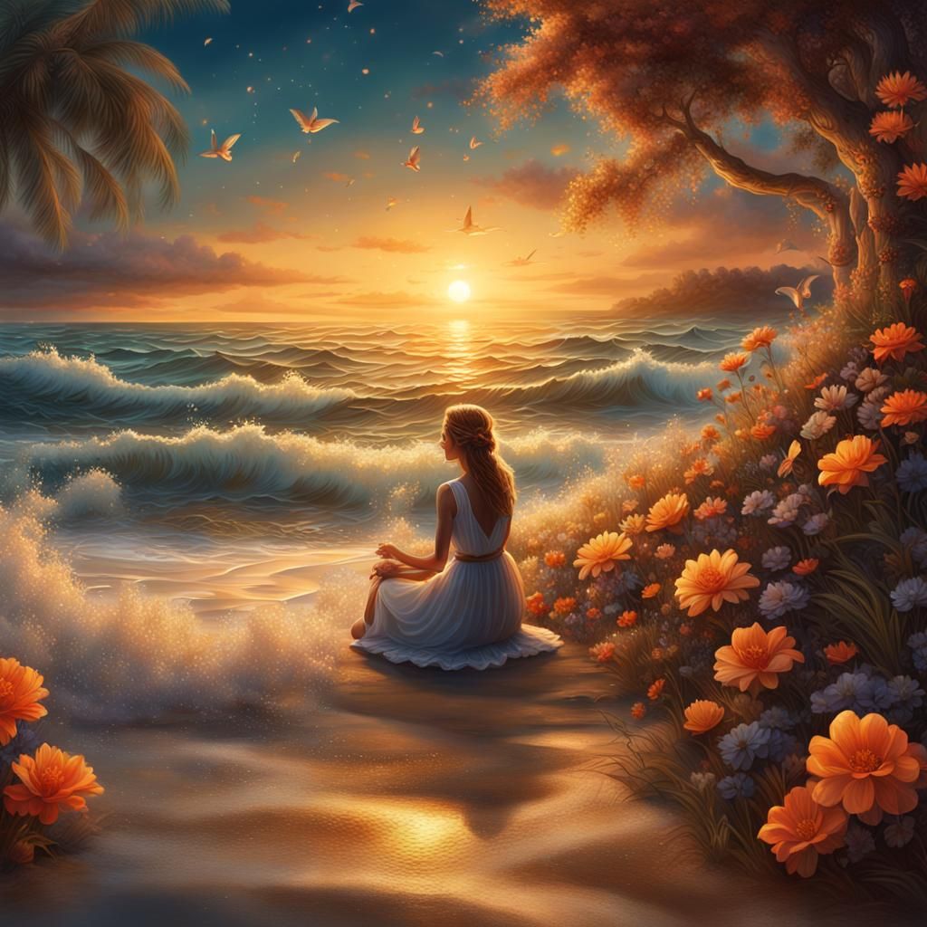 Smiling Woman at Sunset on Sandy Beach