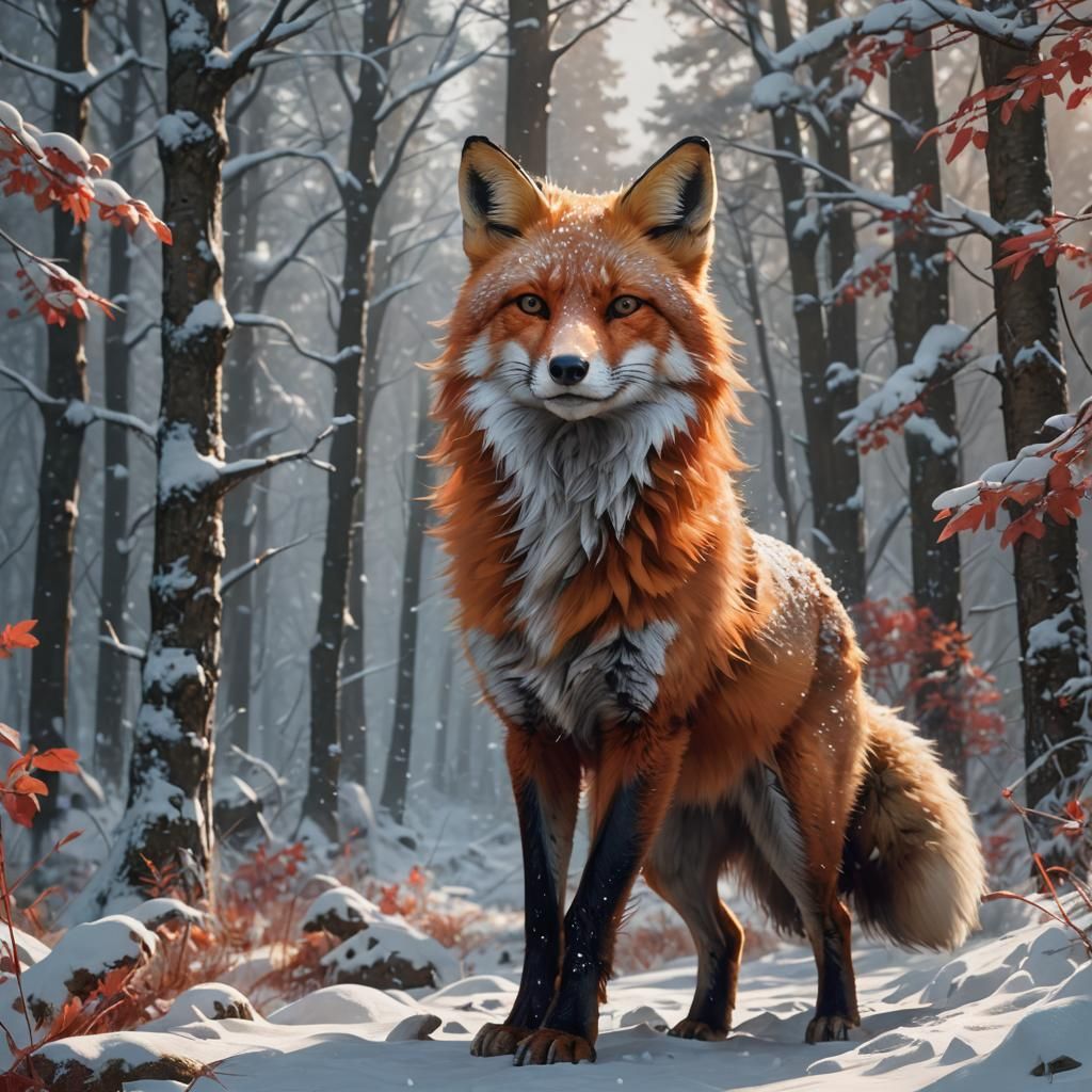 Red Fluffy Fox Hunts in Snowy Forest