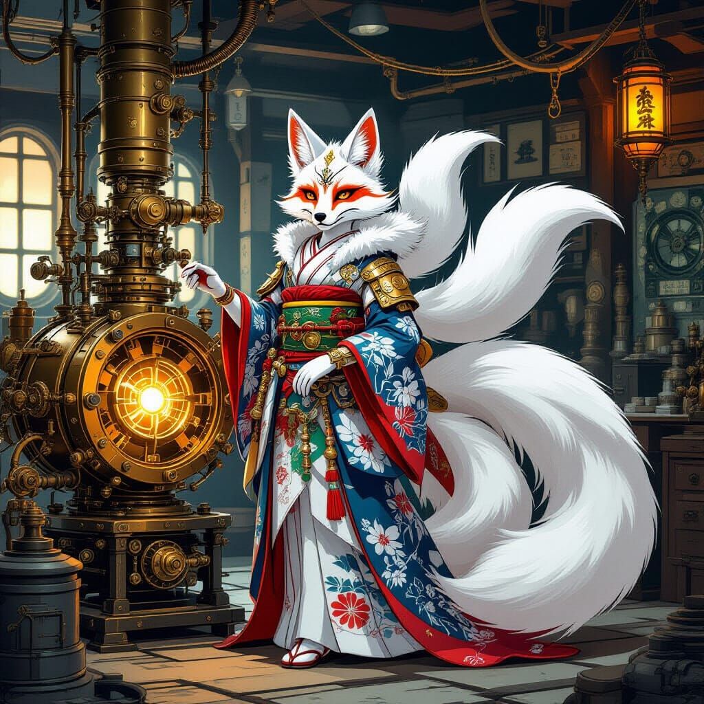 Japanese Fox Goddess in Steampunk Attire with Nine Tails