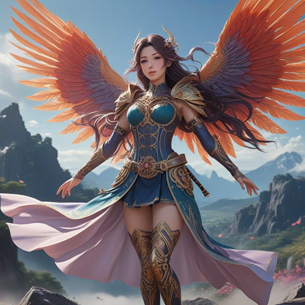Elegant Warrior Maiden in Vibrant, Dreamlike Landscape