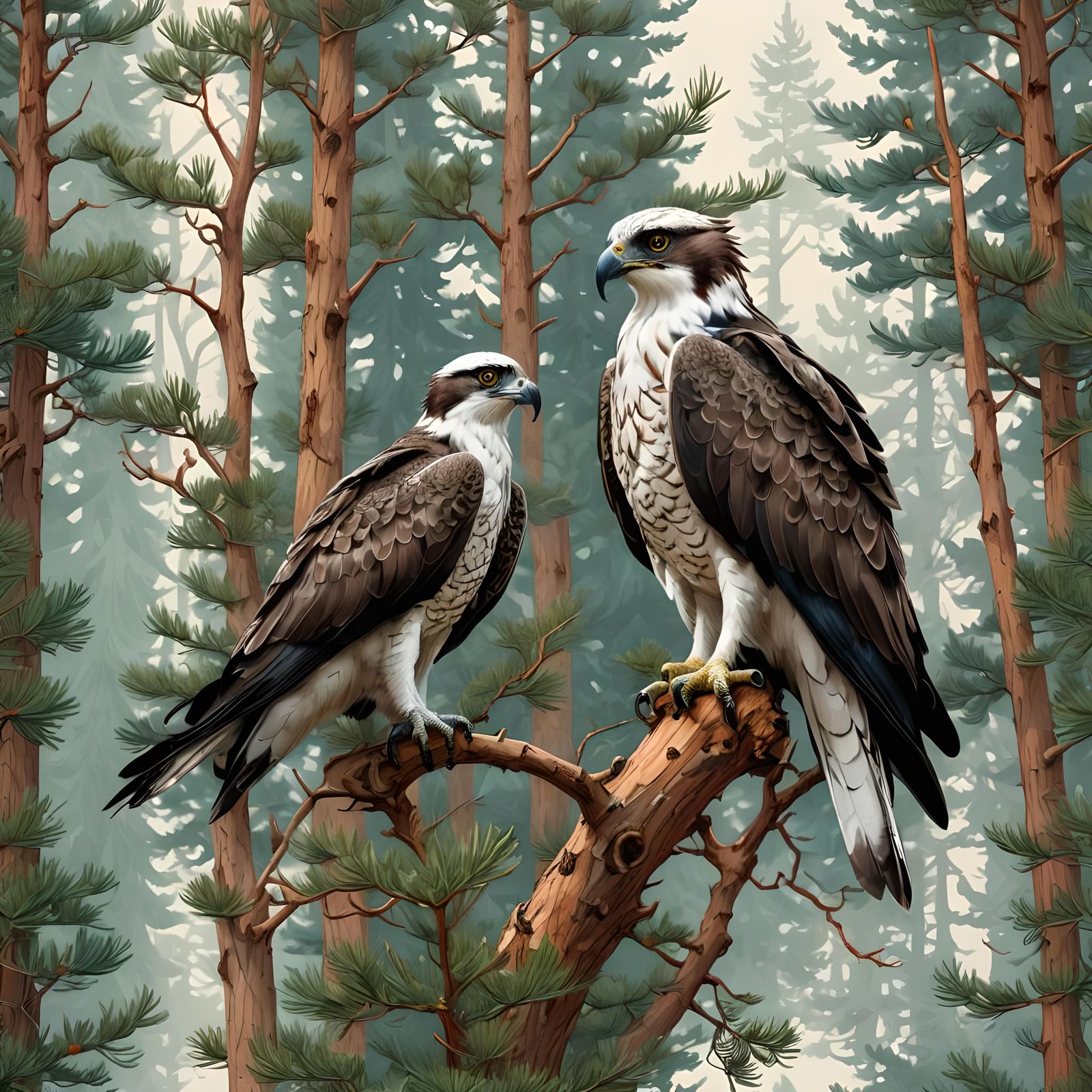 Osprey and Douglas Fir Pattern in Splash Art Style
