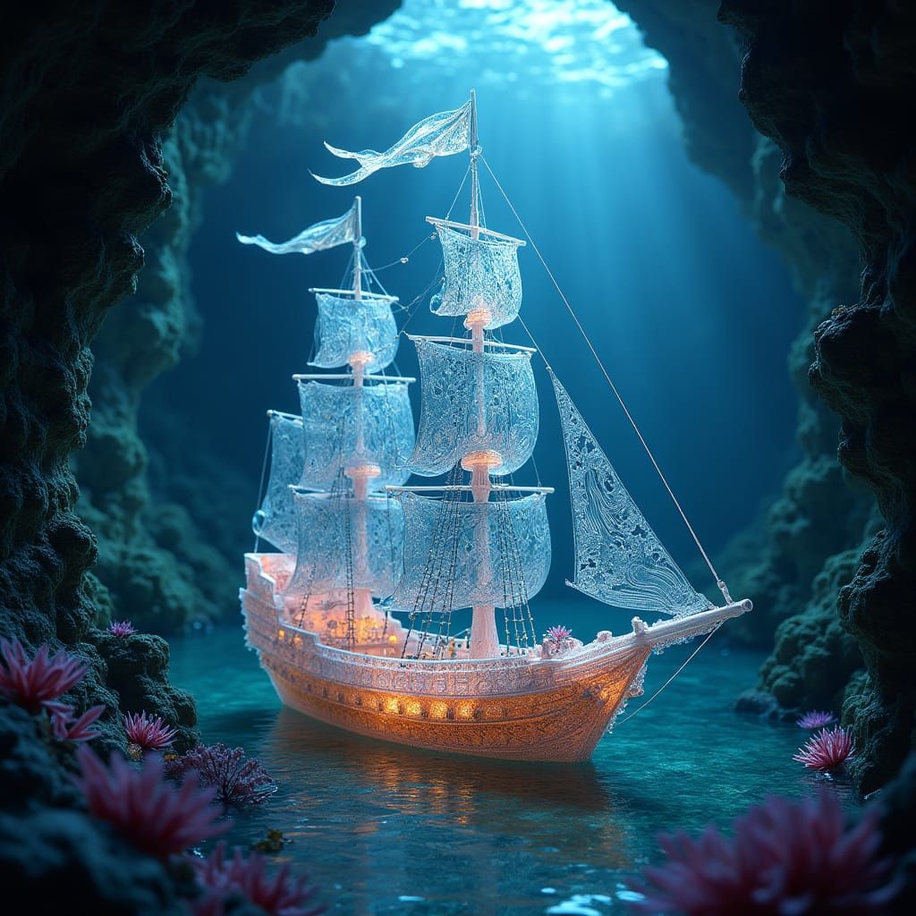 Crystal Pirate Ship in Bioluminescent Cove