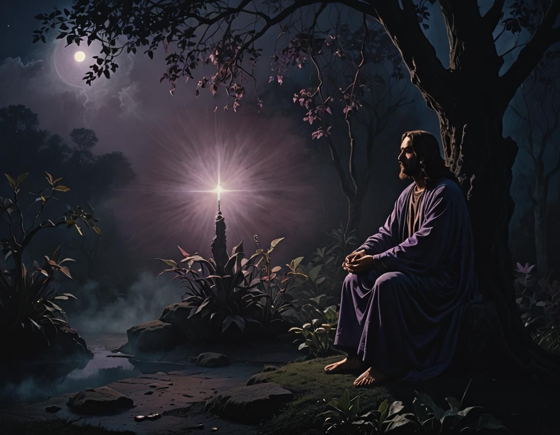 Jesus Meditating in Dark Garden as Oil Painting