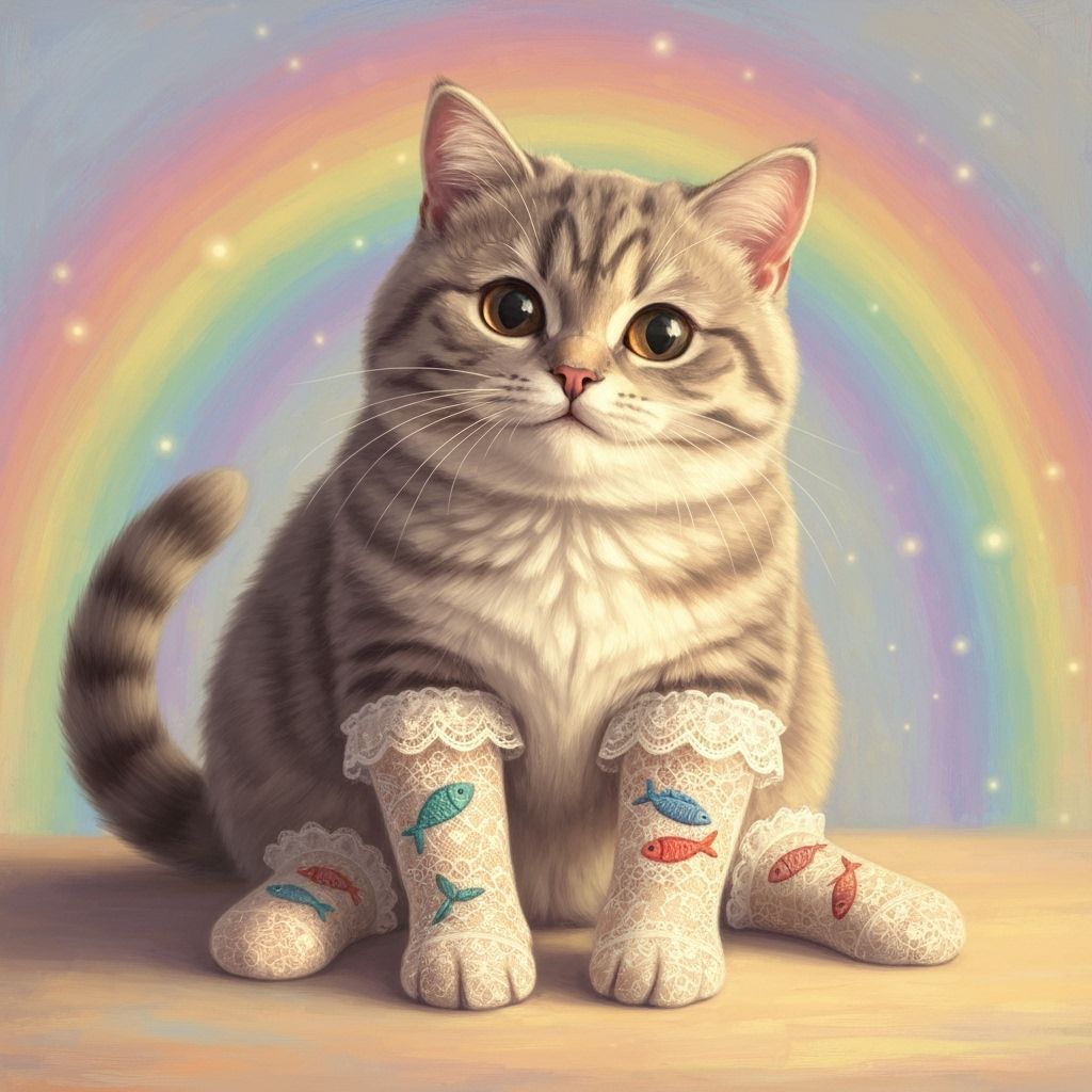 British Shorthair Cat in Fish Socks with Pastel Rainbow
