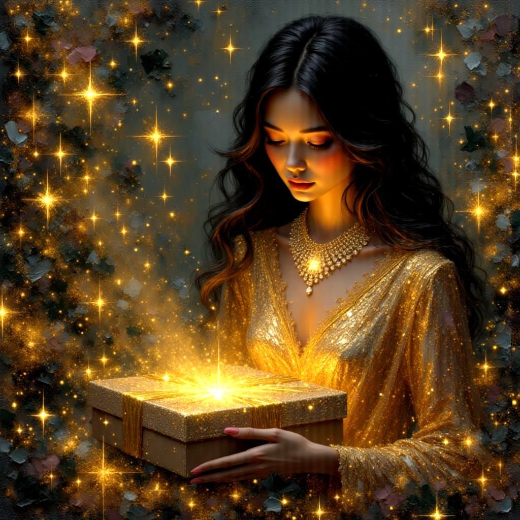 Noir Woman Opens Gift Box with Diamond Necklace