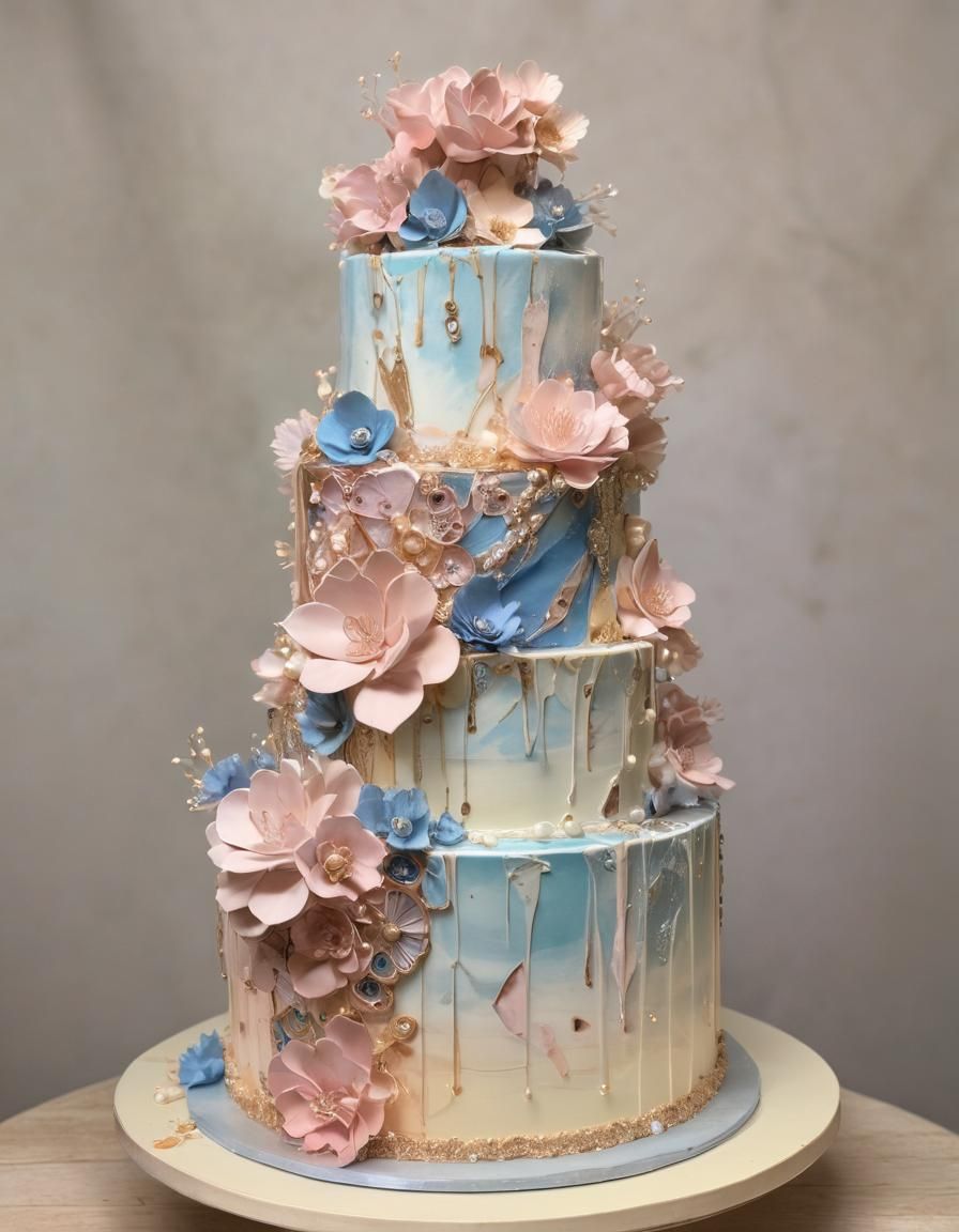 hearts, transgender flag colors,, blue, pink, cream, and rose gold, abstract pattern on a three tier wedding cake covere...