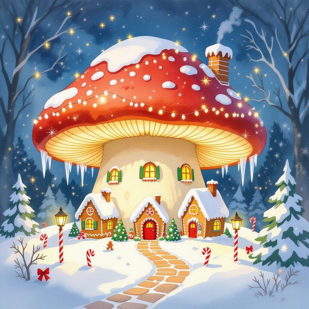 Enchanting Christmas Mushroom Village in Watercolor Style