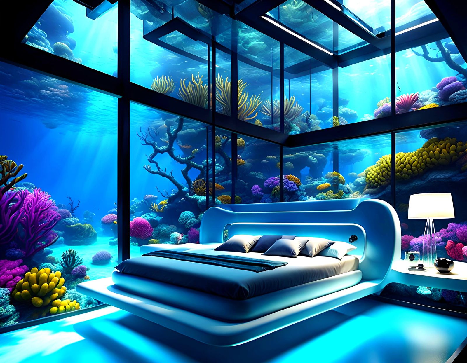 Modern Glass Underwater House with Fractal Art