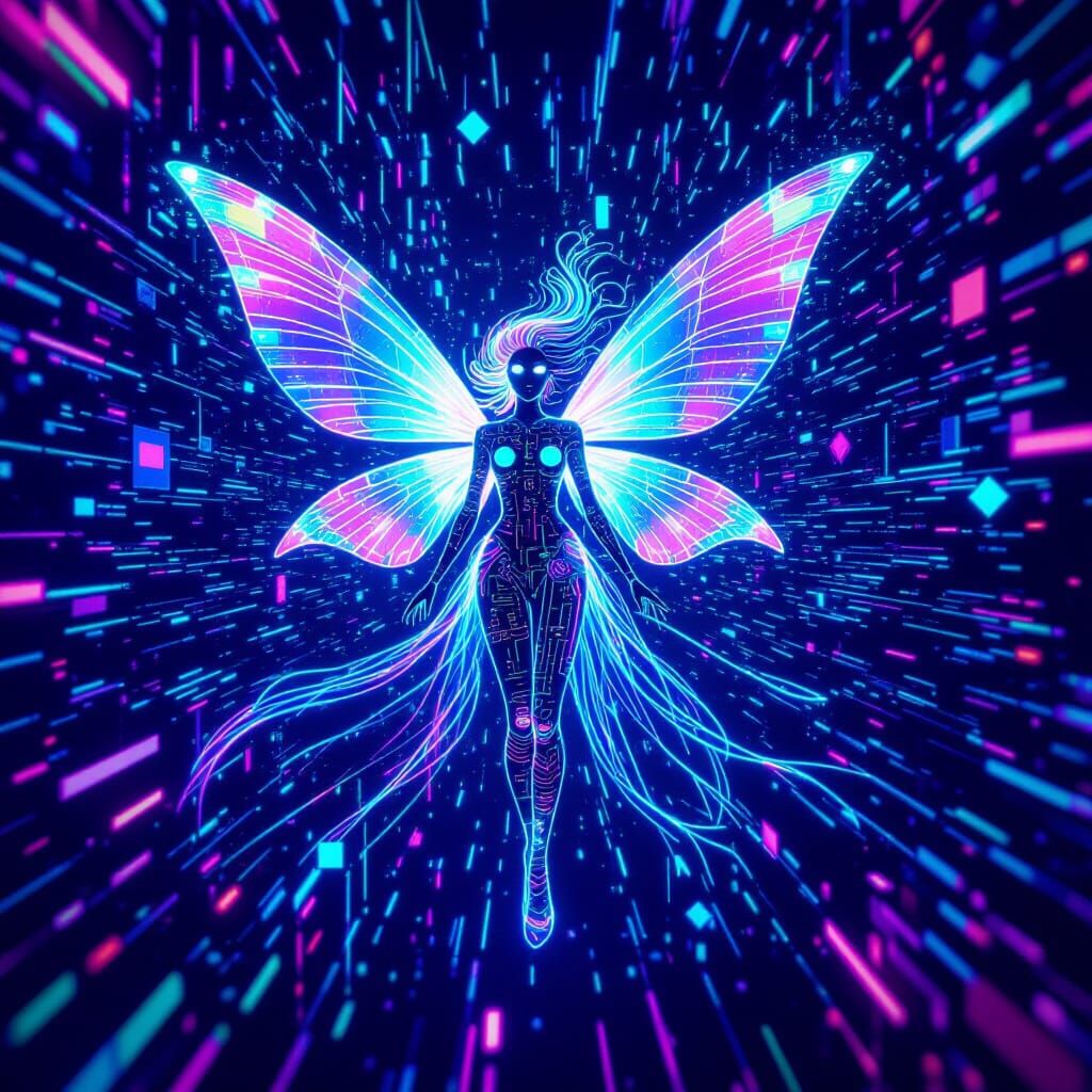Cyberpunk AI Fairy in Virtual Reality