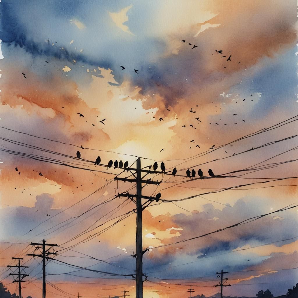 Sparrows on Power Lines: Watercolor Sunset