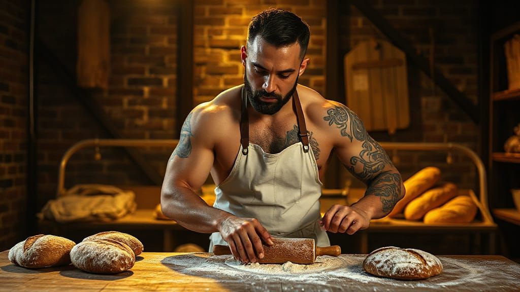 Muscular Baker Kneading Dough in Industrial Bakery