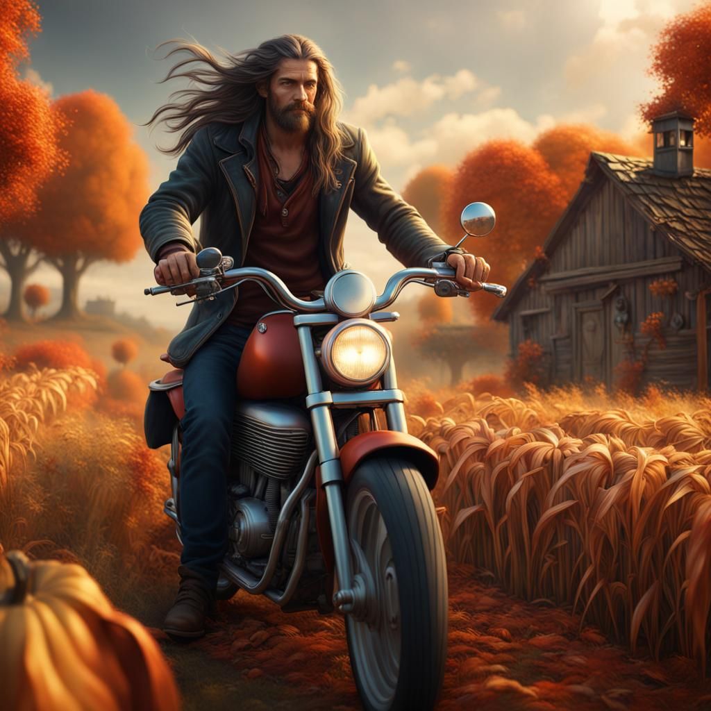 Fall Harvest Farmer on Motorcycle: Detailed Matte Painting