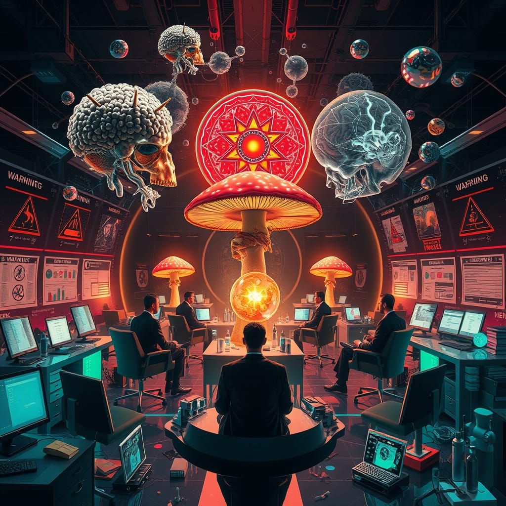 Surreal Dark Tech-Noir Scene with Psilocybin Symbolism and C...