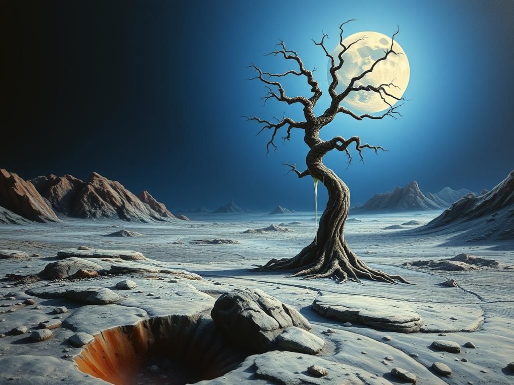 Surreal Moon Landscape with Melting Trees