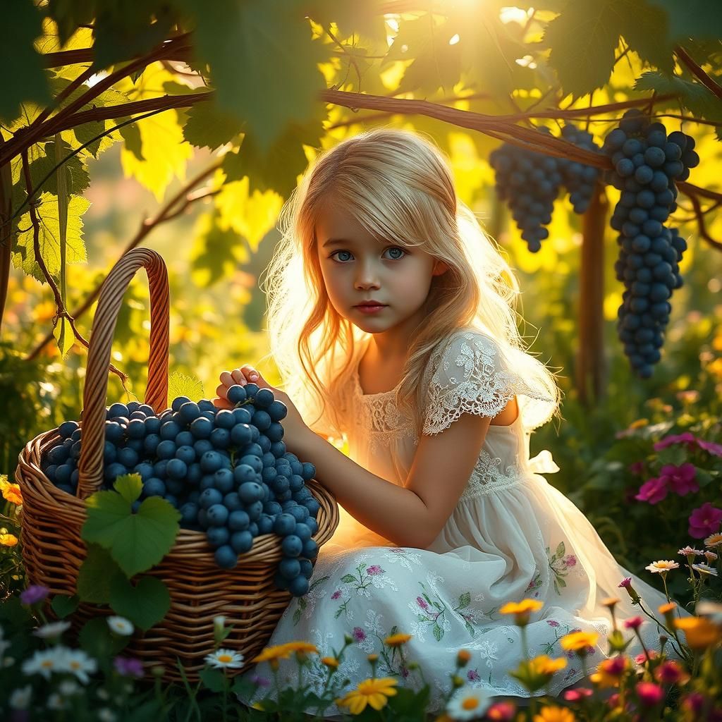 Enchanting 3D Garden Scene with Girl and Grapes