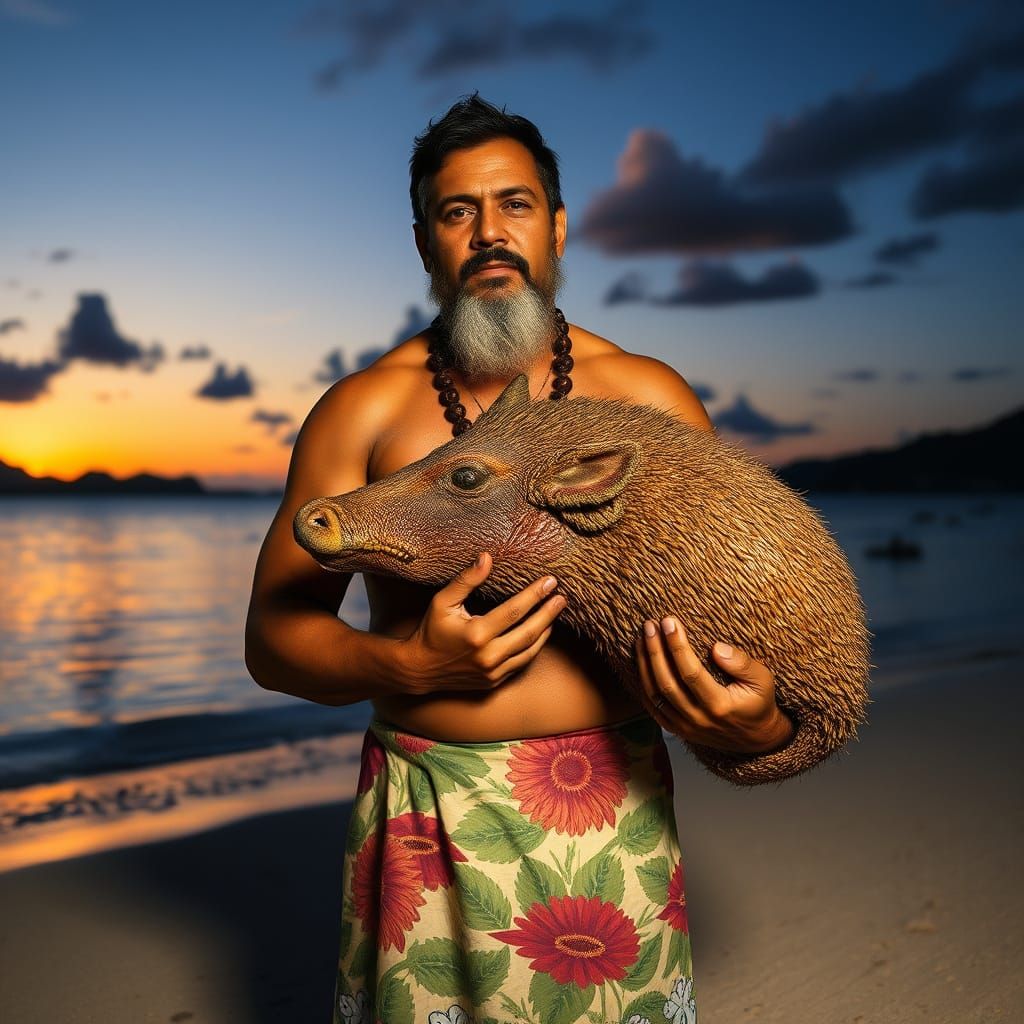 Solemn Samoan Warrior Stands with Mutated Boar-q-pine