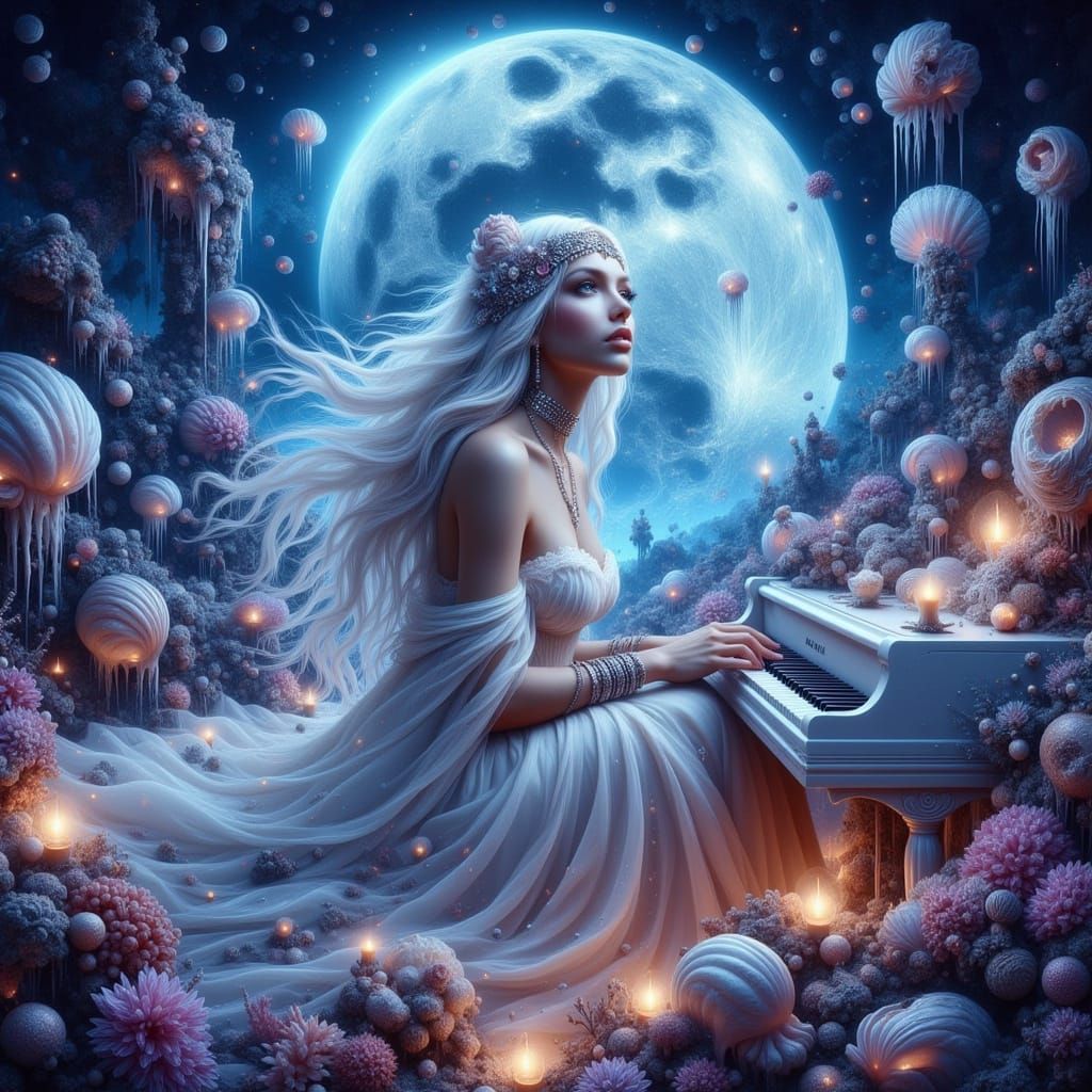 Ethereal Siren Plays Majestic Piano Amidst Vibrant Coral Ree...