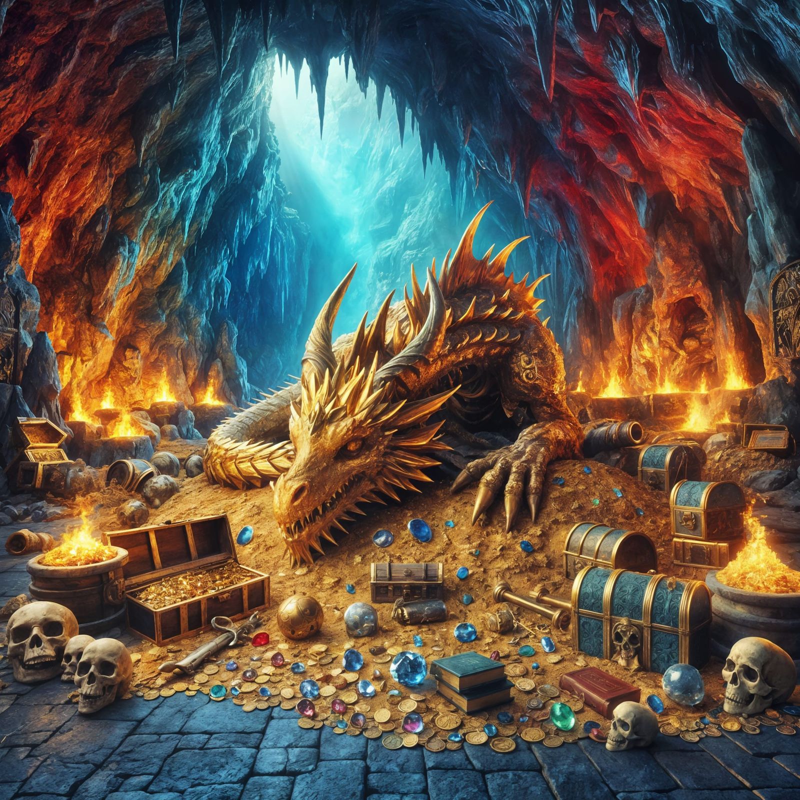 Golden Dragon Slumbering on Treasure Hoard