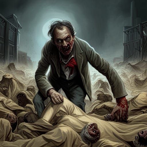 Horror Scene: Zombies Attack Survivor, Engraving Style