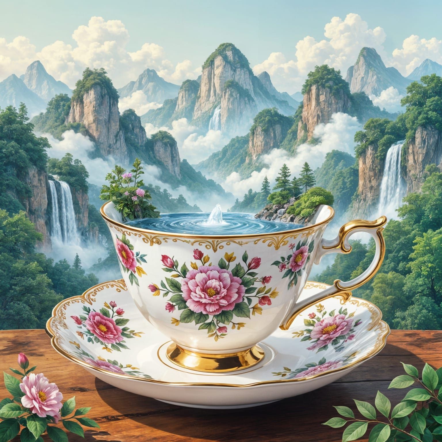 Teacup Mountain Landscape with Waterfalls