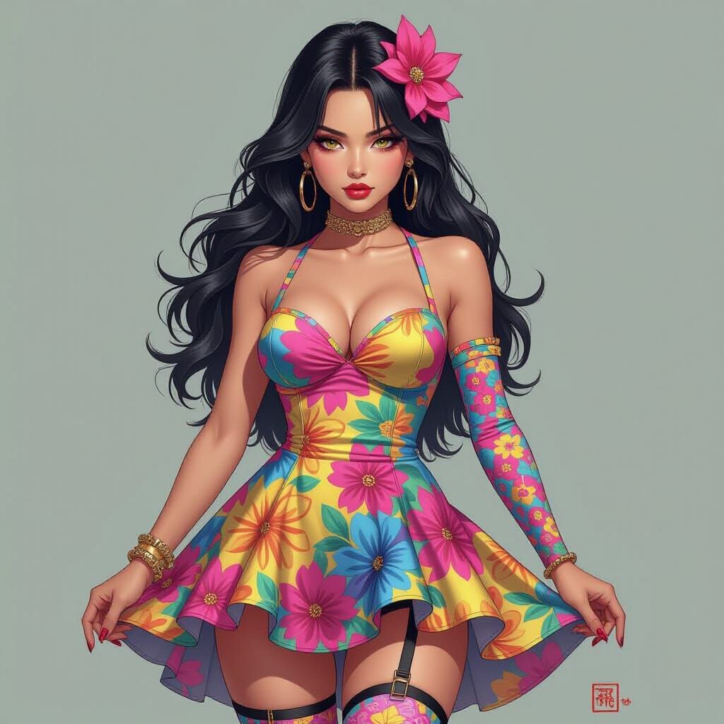 Rebellious Woman in Luminism Style with Kawaii Punk Dress