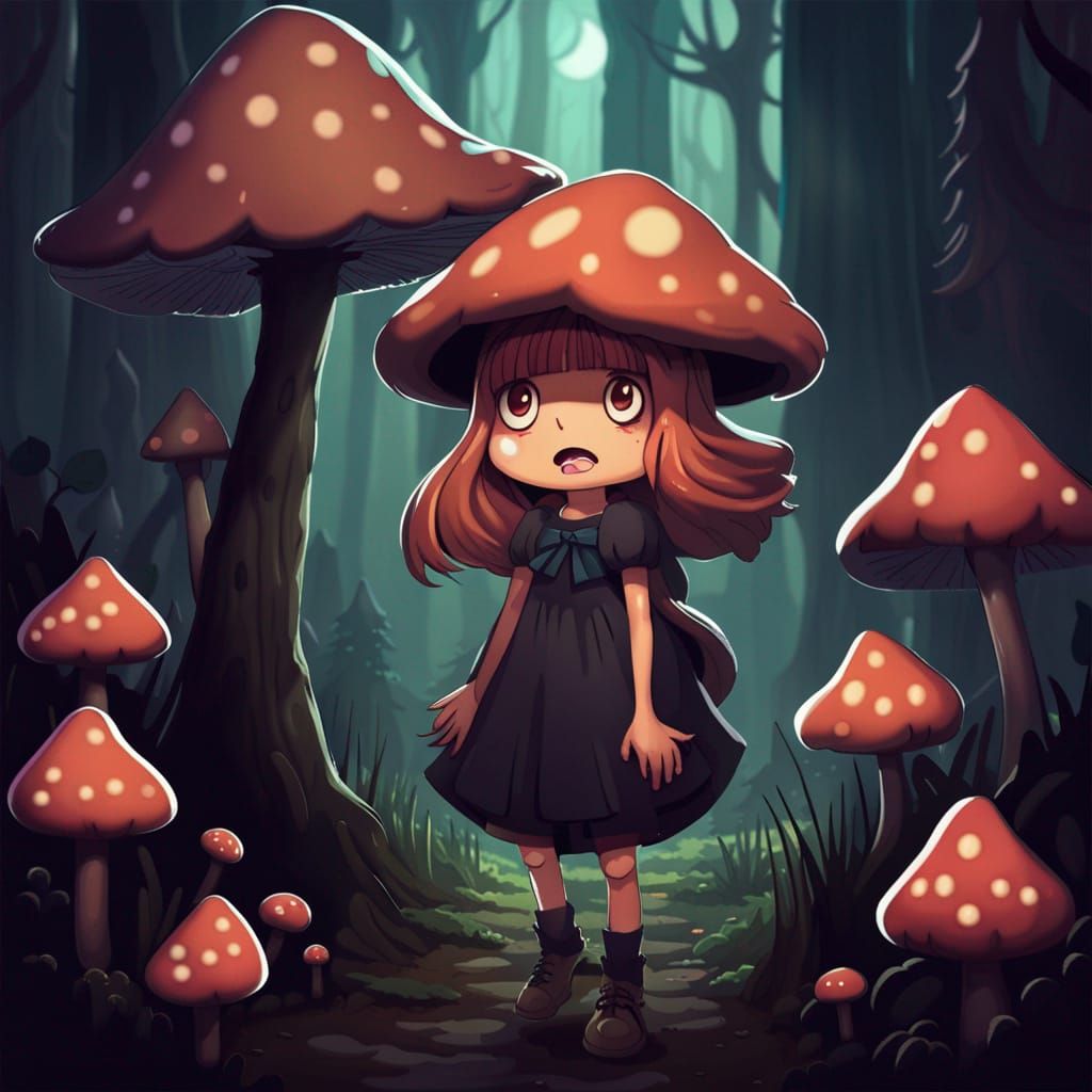 Scared Mushroom Witch Girl in Dark Forest